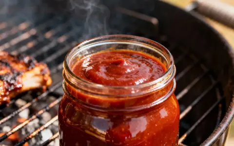 Słoik gęstego, aromatycznego sosu z żeberek paruje na grillu obok pieczonych mięs. Idealny dodatek do letniego grillowania.