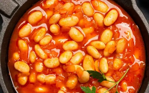 Pyszna fasolka po bretońsku przepis w garnku. Aromatyczne danie z białej fasoli w sosie pomidorowym, ozdobione natką pietruszki.