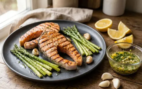 Grillowany łosoś z szparagami i cytryną, idealny na letnie przyjęcie. Ta marynata na grilla podkreśli smak ryby.