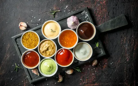 Różnorodne sosy, idealne do karkówki: musztarda, majonez, ketchup, sos barbecue i inne.