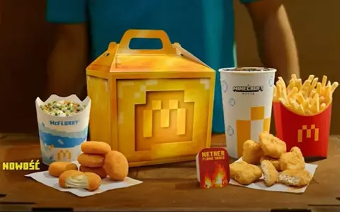 Zestaw Minecraft z McFlurry, nuggetami i chrupiącymi frytkami McDonald's.