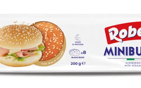Opakowanie bułek do mini burgerów Roberto z sezamem, z widocznymi dwoma przykładowymi bułeczkami.
