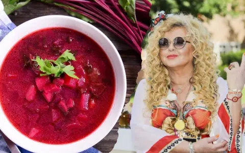 Pyszny barszcz z botwiny gesslerowej, z kawałkami buraków i natką pietruszki, obok Magdy Gessler w okularach.