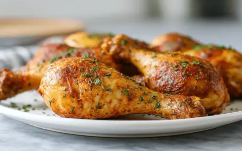 Chrupiące udka z airfryer, posypane ziołami, wyglądają apetycznie na białym talerzu.