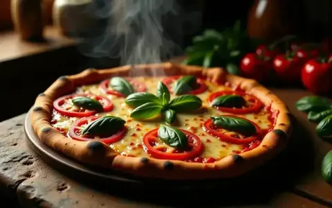 Gorąca pizza capriciosa z pomidorami i bazylią, parująca na drewnianym blacie.