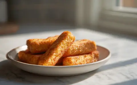 Złociste paluszki rybne z frytkownicy beztłuszczowej (airfryer) na talerzyku, kuszą chrupiącą panierką.