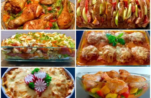 Sześć potraw, które stworzą efektowna kolacja dla znajomych: pieczony kurczak, zapiekanka warstwowa, faszerowana pieczeń, klopsiki w sosie, zapiekanka z serem i kurczak z warzywami.