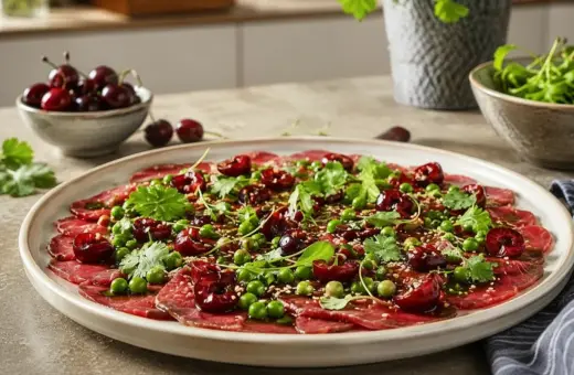 Eleganckie carpaccio z wołowiny z wiśniami, groszkiem i kolendrą, posypane sezamem.