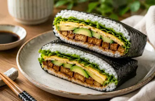 Pyszny onigirazu z tofu, awokado i jajkiem, zawinięty w nori. Idealny lunch!