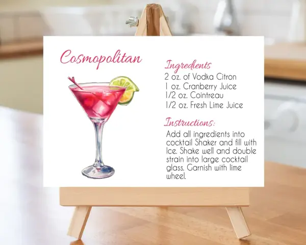 Przepis na drinka Cosmopolitan: ilustracja koktajlu z limonką i wiśnią, składniki i instrukcje.