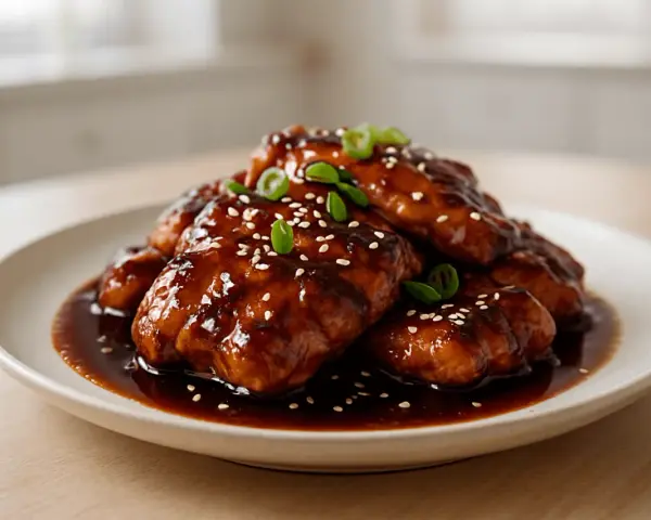 Pyszne kawałki kurczaka w sosie teriyaki, posypane sezamem i szczypiorkiem. Idealne do domowego sos teriyaki przepis.