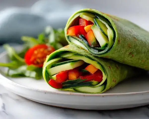 Zielona tortilla z airfryer wypełniona świeżymi warzywami: ogórkiem, papryką i pomidorkami. Pyszna i zdrowa przekąska.