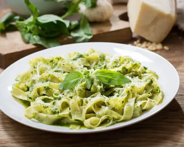 Talerz tagliatelle z aromatycznym pesto z rukoli, posypany parmezanem i udekorowany listkami bazylii.