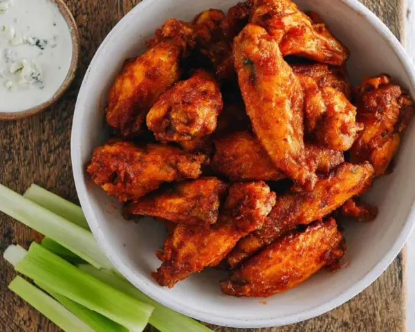 Chrupiące skrzydełka z airfryer w misce, obok sosu serowego i łodyg selera. Idealna przekąska!