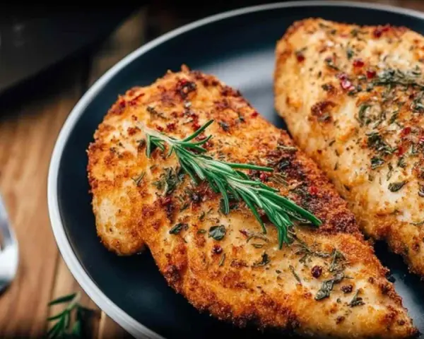 Dwa soczyste filety z kurczaka z airfryer, przyprawione ziołami i podane z gałązką rozmarynu.