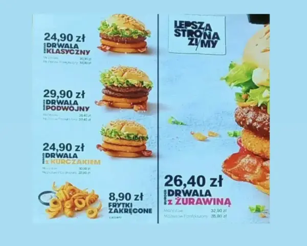Menu z burgerami Drwala, w tym klasycznym, podwójnym i z kurczakiem. Zastanawiasz się nad mcchicken kcal?