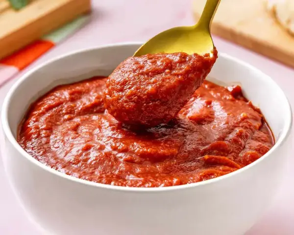Gęsty, aromatyczny sos pelati nabierany złotą łyżką z białej miseczki. Idealny do makaronu i pizzy.