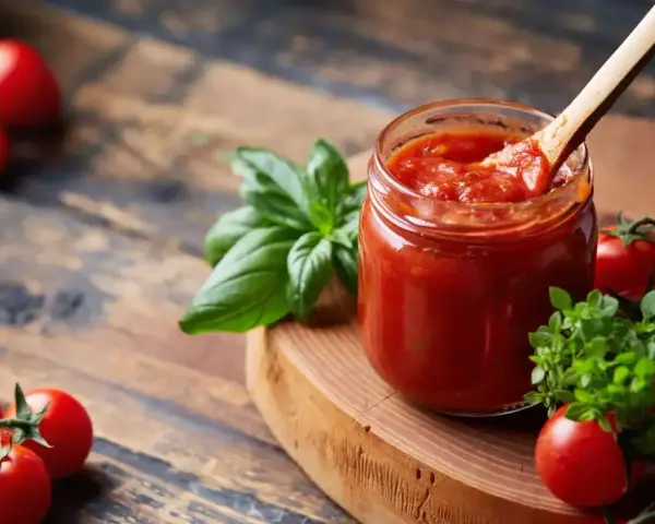 Słoik domowego sosu pomidorowego z bazylią i pomidorkami koktajlowymi. Idealny do pizzy, makaronu, a nawet jako dodatek do pieczonych mięs. Pyszny sos cebulowy w tle.