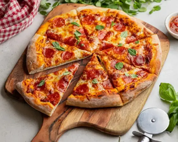 Pikantna pizza diavola z pepperoni i bazylią, pokrojona na kawałki, leży na drewnianej desce. Obok sos i nóż do pizzy.