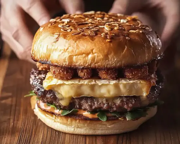 Pyszny cheeseburger z serem camembert i chrupiącymi dodatkami. Idealny, gdy zastanawiasz się, jak zrobić cheeseburgera z MC.