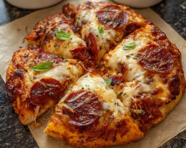 Pyszna pizza z pepperoni, z ciągnącym się serem i świeżą bazylią, przygotowana w air fryerze.