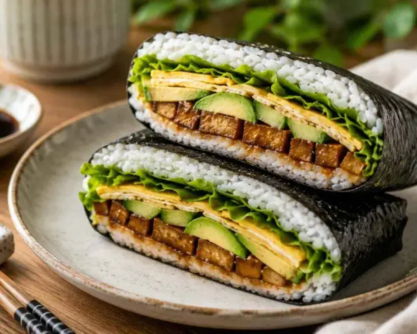Pyszny onigirazu z tofu, awokado i jajkiem, zawinięty w nori. Idealny lunch!