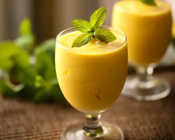 Orzeźwiający koktajl z mango, udekorowany listkami mięty, w szklance na nóżce. W tle drugi taki sam napój.