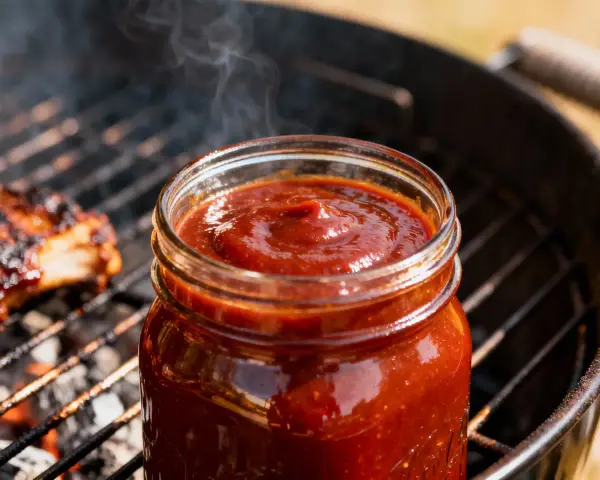 Słoik gęstego, aromatycznego sosu z żeberek paruje na grillu obok pieczonych mięs. Idealny dodatek do letniego grillowania.