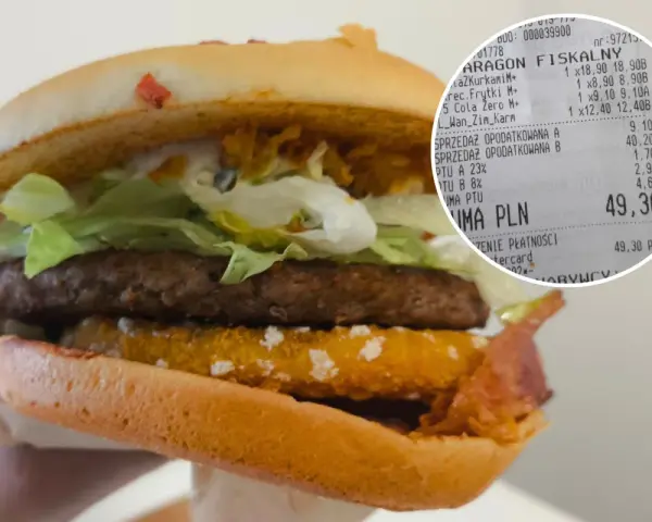 Drwal z chrzanem w burgerze, obok paragon z zakupami.