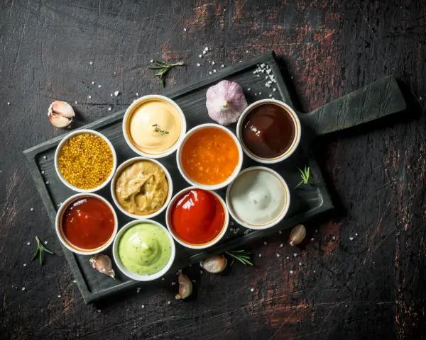Różnorodne sosy, idealne do karkówki: musztarda, majonez, ketchup, sos barbecue i inne.