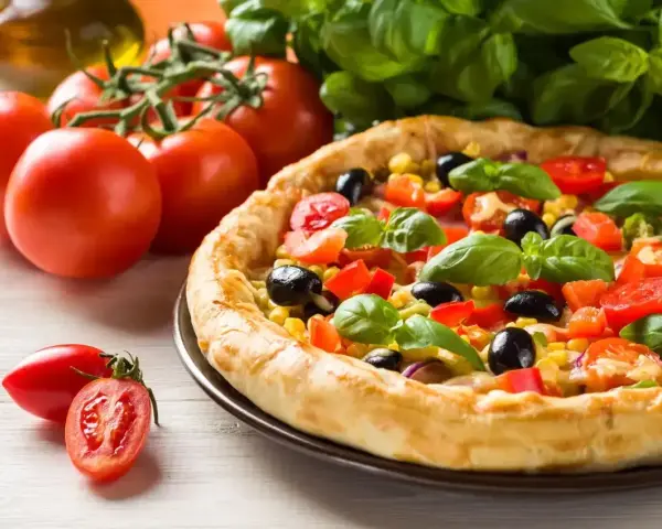 Pyszna pizza z pomidorami, oliwkami i kukurydzą, obok świeże pomidory i bazylia. Ile piec pizze?