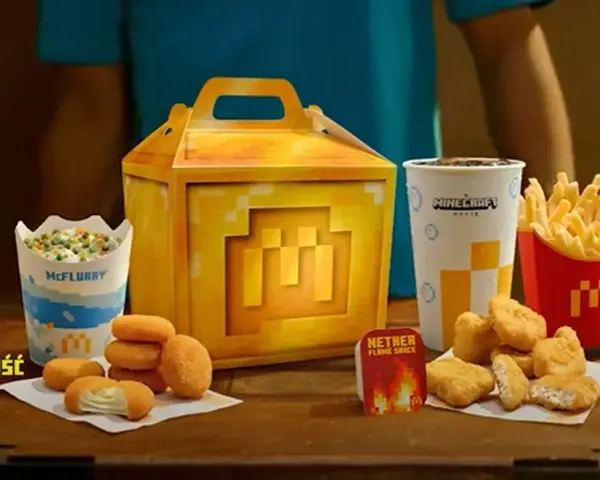 Zestaw Minecraft z McFlurry, nuggetami i chrupiącymi frytkami McDonald's.