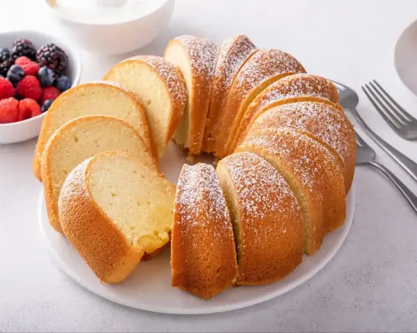 Babka piaskowa przepis babci, puszysta, pokrojona, posypana cukrem pudrem, obok miseczka z owocami i widelce.