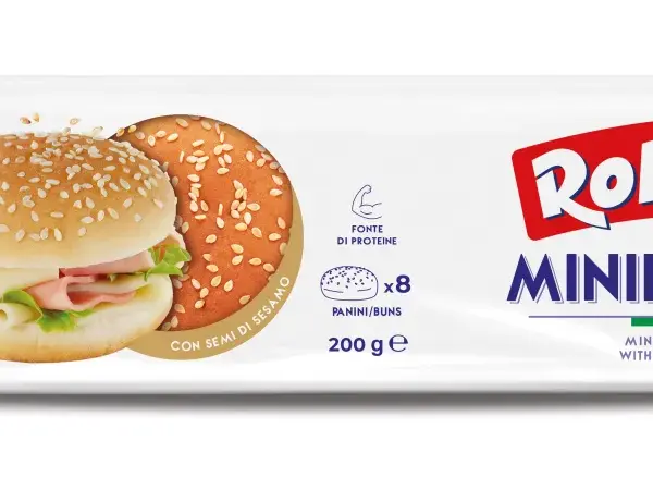 Opakowanie bułek do mini burgerów Roberto z sezamem, z widocznymi dwoma przykładowymi bułeczkami.