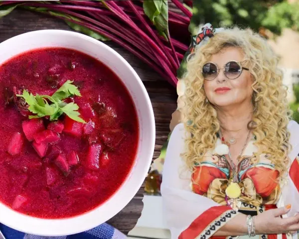 Pyszny barszcz z botwiny gesslerowej, z kawałkami buraków i natką pietruszki, obok Magdy Gessler w okularach.