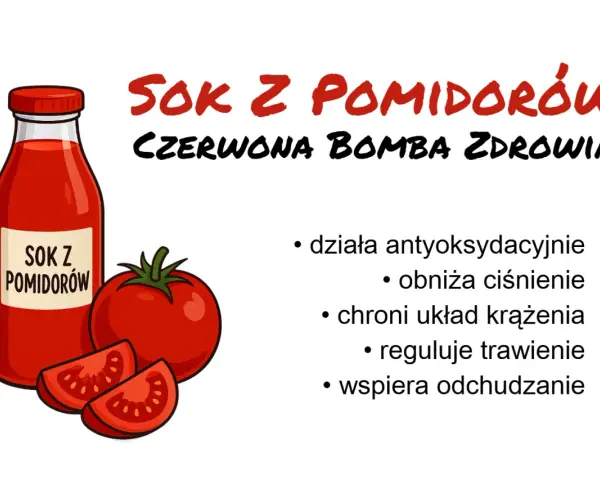 Sok z pomidorów to czerwona bomba zdrowia. Działa antyoksydacyjnie, obniża ciśnienie, chroni krążenie, reguluje trawienie i wspiera odchudzanie.