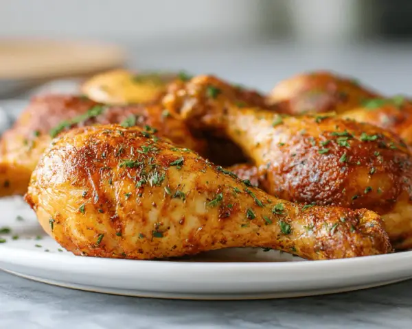 Chrupiące udka z airfryer, posypane ziołami, wyglądają apetycznie na białym talerzu.