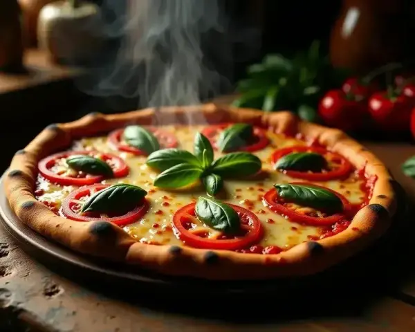 Gorąca pizza capriciosa z pomidorami i bazylią, parująca na drewnianym blacie.