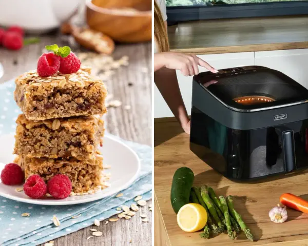 Pyszne ciastka owsiane z malinami i warzywa do przygotowania zdrowego śniadania z airfryer.