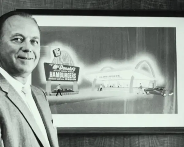 Ray Kroc, który wymyślił McDonald's, stoi obok obrazu przedstawiającego pierwszy lokal.