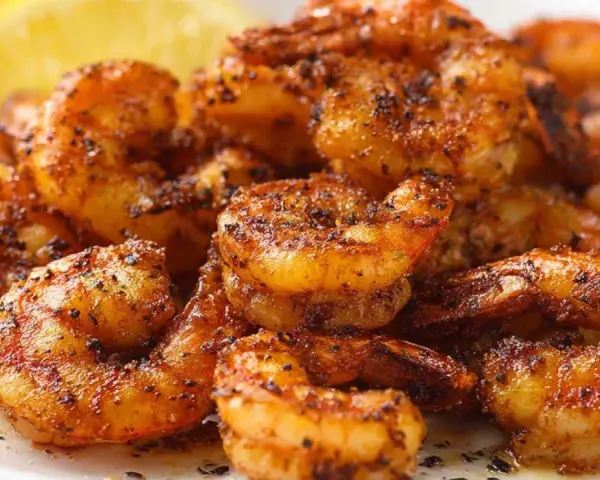 Pyszne krewetki z airfryer, przyprawione i lekko przypieczone, z plasterkiem cytryny w tle.