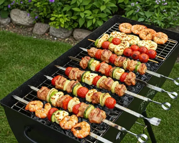 Na grillu pyszne szaszłyki z mięsa, warzyw i krewetek. Idealne co na grilla na letnie popołudnie.