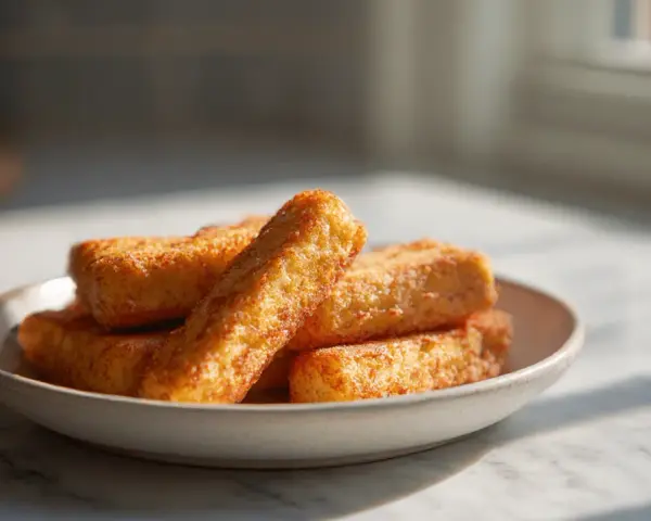 Złociste paluszki rybne z frytkownicy beztłuszczowej (airfryer) na talerzyku, kuszą chrupiącą panierką.