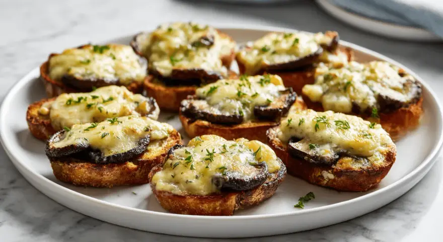Chrupiące zapiekanki z airfryer z grzybami i ciągnącym serem, posypane ziołami. Idealna przekąska!
