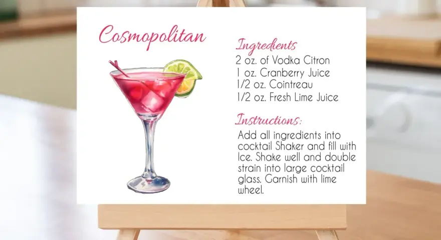 Przepis na drinka Cosmopolitan: ilustracja koktajlu z limonką i wiśnią, składniki i instrukcje.