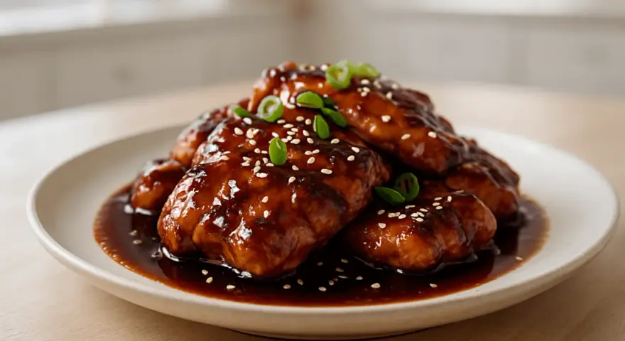 Pyszne kawałki kurczaka w sosie teriyaki, posypane sezamem i szczypiorkiem. Idealne do domowego sos teriyaki przepis.