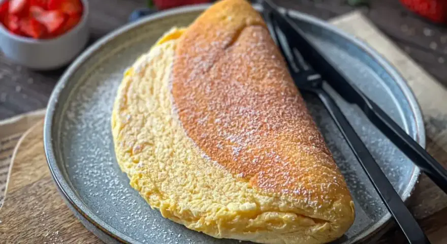 Puszysty omlet, lekko przyprószony cukrem pudrem, czeka na talerzu obok czarnych sztućców. W tle miseczka z truskawkami.