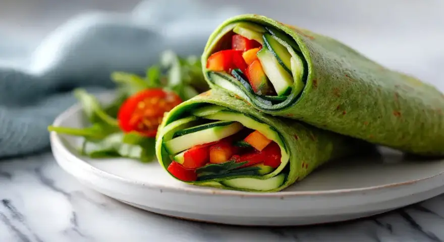 Zielona tortilla z airfryer wypełniona świeżymi warzywami: ogórkiem, papryką i pomidorkami. Pyszna i zdrowa przekąska.