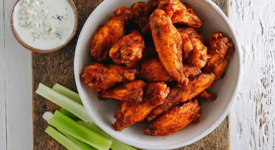 Chrupiące skrzydełka z airfryer w misce, obok sosu serowego i łodyg selera. Idealna przekąska!