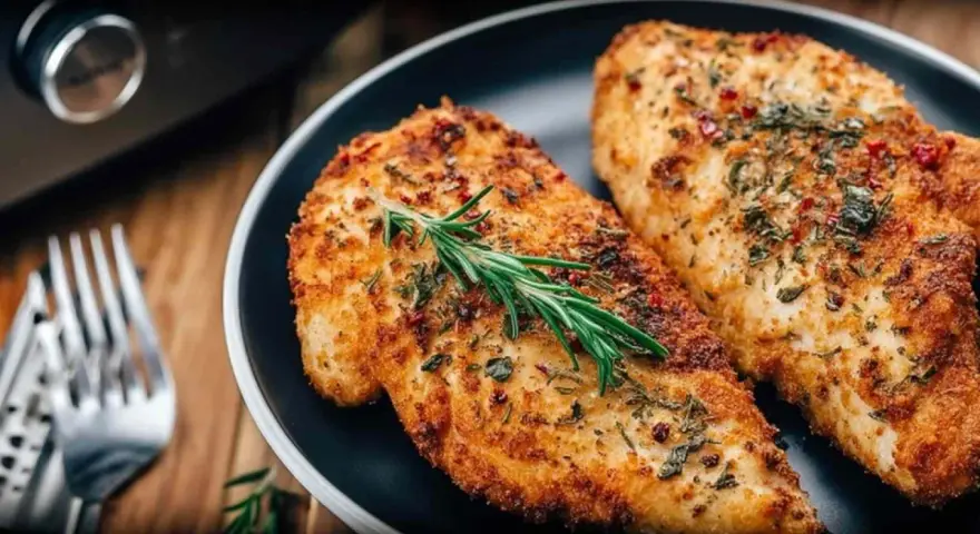 Dwa soczyste filety z kurczaka z airfryer, przyprawione ziołami i podane z gałązką rozmarynu.